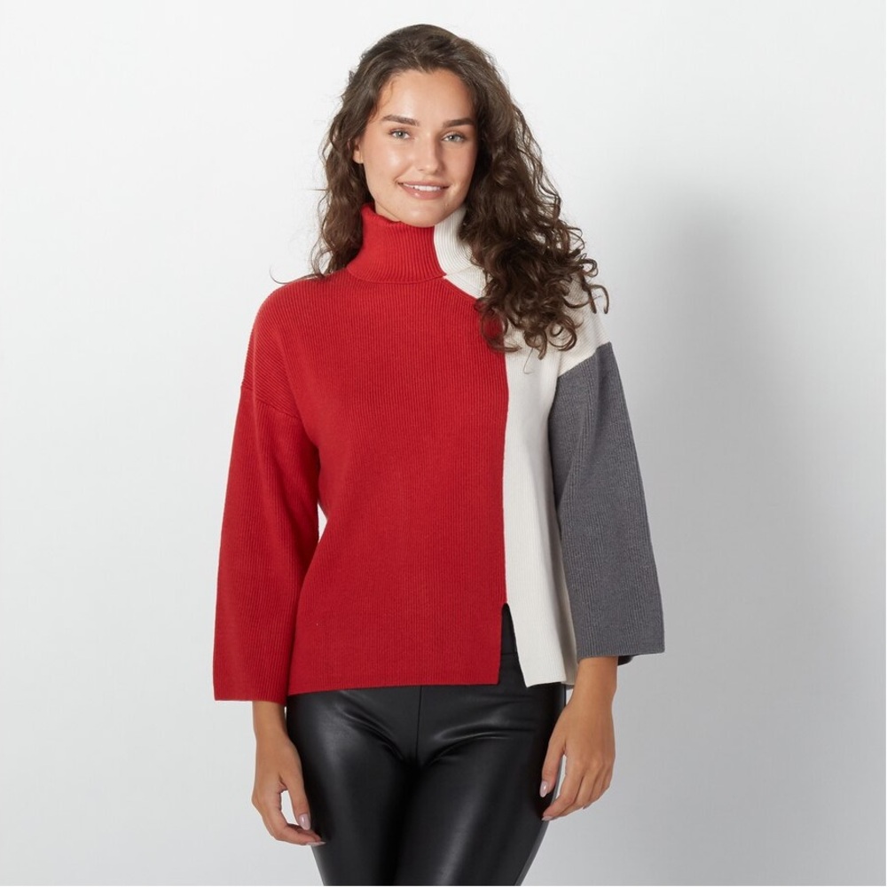 Badgley Mischka Red, Cream & Gray Colorblock Turtleneck Sweater